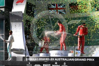 World © Octane Photographic Ltd. Formula 1 – Australian GP - Podium. Scuderia Ferrari SF71-H – Sebastian Vettel (1st), Mercedes AMG Petronas Motorsport AMG F1 W09 EQ Power+ - Lewis Hamilton (2nd) and Kimi Raikkonen (3rd) – Inake Rueda – Ferrari Race Strategist. Albert Park, Melbourne, Australia. Sunday 25th March 2018.