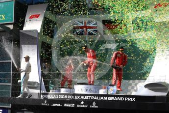 World © Octane Photographic Ltd. Formula 1 – Australian GP - Podium. Scuderia Ferrari SF71-H – Sebastian Vettel (1st), Mercedes AMG Petronas Motorsport AMG F1 W09 EQ Power+ - Lewis Hamilton (2nd) and Kimi Raikkonen (3rd) – Inake Rueda – Ferrari Race Strategist. Albert Park, Melbourne, Australia. Sunday 25th March 2018.