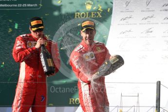 World © Octane Photographic Ltd. Formula 1 – Australian GP - Podium. Scuderia Ferrari SF71-H – Sebastian Vettel (1st) and Kimi Raikkonen (3rd). Albert Park, Melbourne, Australia. Sunday 25th March 2018.