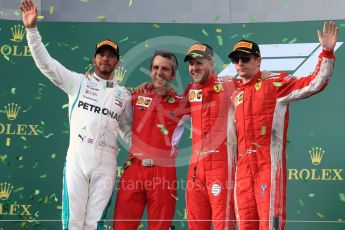 World © Octane Photographic Ltd. Formula 1 – Australian GP - Podium. Scuderia Ferrari SF71-H – Sebastian Vettel (1st), Mercedes AMG Petronas Motorsport AMG F1 W09 EQ Power+ - Lewis Hamilton (2nd) and Kimi Raikkonen (3rd) – Inake Rueda – Ferrari Race Strategist. Albert Park, Melbourne, Australia. Sunday 25th March 2018.