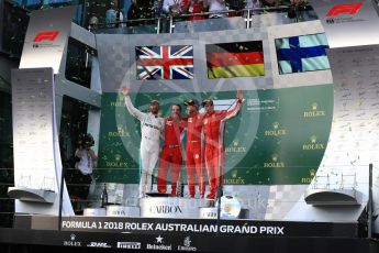 World © Octane Photographic Ltd. Formula 1 – Australian GP - Podium. Scuderia Ferrari SF71-H – Sebastian Vettel (1st), Mercedes AMG Petronas Motorsport AMG F1 W09 EQ Power+ - Lewis Hamilton (2nd) and Kimi Raikkonen (3rd) – Inake Rueda – Ferrari Race Strategist. Albert Park, Melbourne, Australia. Sunday 25th March 2018.