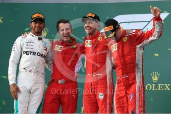 World © Octane Photographic Ltd. Formula 1 – Australian GP - Podium. Scuderia Ferrari SF71-H – Sebastian Vettel (1st), Mercedes AMG Petronas Motorsport AMG F1 W09 EQ Power+ - Lewis Hamilton (2nd) and Kimi Raikkonen (3rd) – Inake Rueda – Ferrari Race Strategist. Albert Park, Melbourne, Australia. Sunday 25th March 2018.