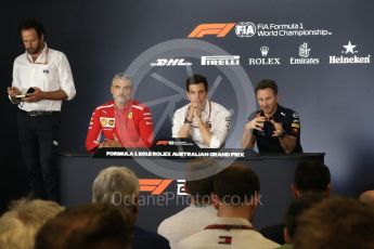 World © Octane Photographic Ltd. Formula 1 - Australian GP - Friday - Team Press Conference. Toto Wolff - Executive Director & Head of Mercedes-Benz Motorsport , Maurizio Arrivabene – Managing Director and Team Principal of Scuderia Ferrari and Christian Horner - Team Principal of Red Bull Racing. Albert Park, Melbourne, Australia. Friday 23rd March 2018.