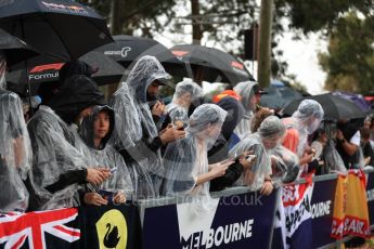 World © Octane Photographic Ltd. Formula 1 – Australian GP - Saturday Melbourne Walk. Fans in the rain waiting for the drivers. Albert Park, Melbourne, Australia. Saturday 24th March 2018