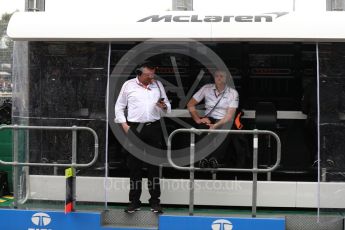 World © Octane Photographic Ltd. Formula 1 - Australian GP - Practice 3. Eric Boullier - Racing Director of McLaren and Paul James – Team Manager. Albert Park, Melbourne, Australia. Saturday 24th March 2018.
