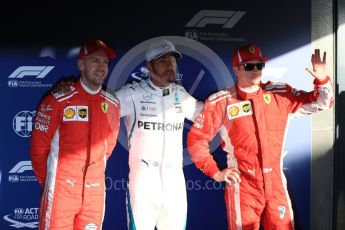 World © Octane Photographic Ltd. Formula 1 – Australian GP – Qualifying top 3. Mercedes AMG Petronas Motorsport AMG F1 W09 EQ Power+ - Lewis Hamilton (Pole) and Scuderia Ferrari SF71-H – Kimi Raikkonen (2nd) and Sebastian Vettel (3rd). Albert Park, Melbourne, Australia. Saturday 24th March 2018.