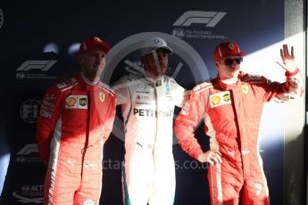 World © Octane Photographic Ltd. Formula 1 – Australian GP – Qualifying top 3. Mercedes AMG Petronas Motorsport AMG F1 W09 EQ Power+ - Lewis Hamilton (Pole) and Scuderia Ferrari SF71-H – Kimi Raikkonen (2nd) and Sebastian Vettel (3rd). Albert Park, Melbourne, Australia. Saturday 24th March 2018.