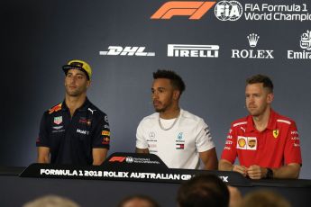 World © Octane Photographic Ltd. Formula 1 – Australian GP - Drivers’ Press Conference. Aston Martin Red Bull Racing TAG Heuer RB14 – Daniel Ricciardo, Mercedes AMG Petronas Motorsport AMG F1 W09 EQ Power+ - Lewis Hamilton and Scuderia Ferrari SF71-H – Sebastian Vettel. Albert Park, Melbourne, Australia. Thursday 22nd March 2018.