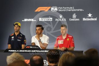 World © Octane Photographic Ltd. Formula 1 – Australian GP - Drivers’ Press Conference. Aston Martin Red Bull Racing TAG Heuer RB14 – Daniel Ricciardo, Mercedes AMG Petronas Motorsport AMG F1 W09 EQ Power+ - Lewis Hamilton and Scuderia Ferrari SF71-H – Sebastian Vettel. Albert Park, Melbourne, Australia. Thursday 22nd March 2018.