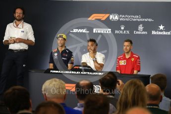 World © Octane Photographic Ltd. Formula 1 – Australian GP - Drivers’ Press Conference. Aston Martin Red Bull Racing TAG Heuer RB14 – Daniel Ricciardo, Mercedes AMG Petronas Motorsport AMG F1 W09 EQ Power+ - Lewis Hamilton and Scuderia Ferrari SF71-H – Sebastian Vettel. Albert Park, Melbourne, Australia. Thursday 22nd March 2018.