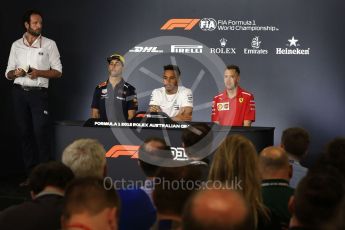 World © Octane Photographic Ltd. Formula 1 – Australian GP - Drivers’ Press Conference. Aston Martin Red Bull Racing TAG Heuer RB14 – Daniel Ricciardo, Mercedes AMG Petronas Motorsport AMG F1 W09 EQ Power+ - Lewis Hamilton and Scuderia Ferrari SF71-H – Sebastian Vettel. Albert Park, Melbourne, Australia. Thursday 22nd March 2018.