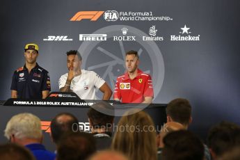 World © Octane Photographic Ltd. Formula 1 – Australian GP - Drivers’ Press Conference. Aston Martin Red Bull Racing TAG Heuer RB14 – Daniel Ricciardo, Mercedes AMG Petronas Motorsport AMG F1 W09 EQ Power+ - Lewis Hamilton and Scuderia Ferrari SF71-H – Sebastian Vettel. Albert Park, Melbourne, Australia. Thursday 22nd March 2018.