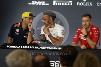 World © Octane Photographic Ltd. Formula 1 – Australian GP - Drivers’ Press Conference. Aston Martin Red Bull Racing TAG Heuer RB14 – Daniel Ricciardo, Mercedes AMG Petronas Motorsport AMG F1 W09 EQ Power+ - Lewis Hamilton and Scuderia Ferrari SF71-H – Sebastian Vettel. Albert Park, Melbourne, Australia. Thursday 22nd March 2018.