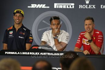 World © Octane Photographic Ltd. Formula 1 – Australian GP - Drivers’ Press Conference. Aston Martin Red Bull Racing TAG Heuer RB14 – Daniel Ricciardo, Mercedes AMG Petronas Motorsport AMG F1 W09 EQ Power+ - Lewis Hamilton and Scuderia Ferrari SF71-H – Sebastian Vettel. Albert Park, Melbourne, Australia. Thursday 22nd March 2018.