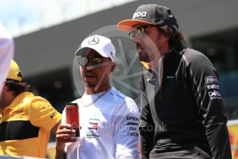 World © Octane Photographic Ltd. Formula 1 – Austrian GP - Drivers Parade. Mercedes AMG Petronas Motorsport AMG F1 W09 EQ Power+ - Lewis Hamilton and McLaren MCL33 – Fernando Alonso. . Red Bull Ring, Spielberg, Austria. Sunday 1st July 2018.