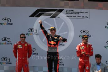 World © Octane Photographic Ltd. Formula 1 – Austrian GP - Race Podium. Aston Martin Red Bull Racing TAG Heuer RB14 – Max Verstappen followed by Scuderia Ferrari SF71-H – Sebastian Vettel and Kimi Raikkonen. Red Bull Ring, Spielberg, Austria. Sunday 1st July 2018.