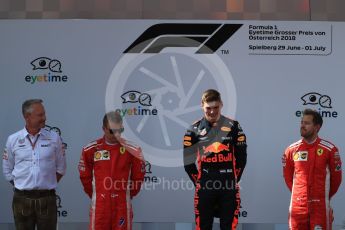 World © Octane Photographic Ltd. Formula 1 – Austrian GP - Race Podium. Aston Martin Red Bull Racing TAG Heuer RB14 – Max Verstappen followed by Scuderia Ferrari SF71-H – Sebastian Vettel and Kimi Raikkonen. Red Bull Ring, Spielberg, Austria. Sunday 1st July 2018.