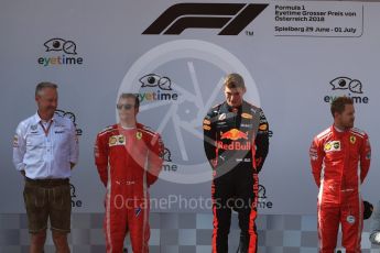 World © Octane Photographic Ltd. Formula 1 – Austrian GP - Race Podium. Aston Martin Red Bull Racing TAG Heuer RB14 – Max Verstappen followed by Scuderia Ferrari SF71-H – Sebastian Vettel and Kimi Raikkonen. Red Bull Ring, Spielberg, Austria. Sunday 1st July 2018.