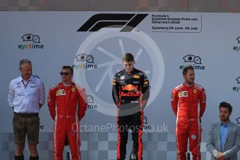 World © Octane Photographic Ltd. Formula 1 – Austrian GP - Race Podium. Aston Martin Red Bull Racing TAG Heuer RB14 – Max Verstappen followed by Scuderia Ferrari SF71-H – Sebastian Vettel and Kimi Raikkonen. Red Bull Ring, Spielberg, Austria. Sunday 1st July 2018.