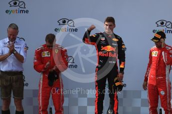 World © Octane Photographic Ltd. Formula 1 – Austrian GP - Race Podium. Aston Martin Red Bull Racing TAG Heuer RB14 – Max Verstappen followed by Scuderia Ferrari SF71-H – Sebastian Vettel and Kimi Raikkonen. Red Bull Ring, Spielberg, Austria. Sunday 1st July 2018.