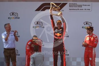 World © Octane Photographic Ltd. Formula 1 – Austrian GP - Race Podium. Aston Martin Red Bull Racing TAG Heuer RB14 – Max Verstappen followed by Scuderia Ferrari SF71-H – Sebastian Vettel and Kimi Raikkonen. Red Bull Ring, Spielberg, Austria. Sunday 1st July 2018.