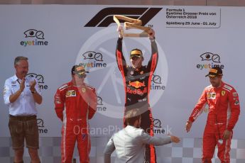 World © Octane Photographic Ltd. Formula 1 – Austrian GP - Race Podium. Aston Martin Red Bull Racing TAG Heuer RB14 – Max Verstappen followed by Scuderia Ferrari SF71-H – Sebastian Vettel and Kimi Raikkonen. Red Bull Ring, Spielberg, Austria. Sunday 1st July 2018.