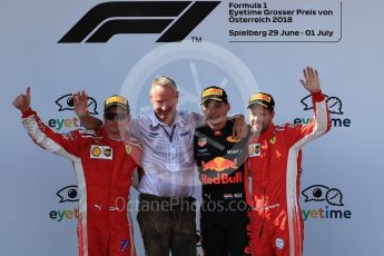 World © Octane Photographic Ltd. Formula 1 – Austrian GP - Race Podium. Aston Martin Red Bull Racing TAG Heuer RB14 – Max Verstappen followed by Scuderia Ferrari SF71-H – Sebastian Vettel and Kimi Raikkonen. Red Bull Ring, Spielberg, Austria. Sunday 1st July 2018.