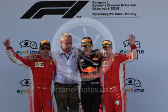 World © Octane Photographic Ltd. Formula 1 – Austrian GP - Race Podium. Aston Martin Red Bull Racing TAG Heuer RB14 – Max Verstappen followed by Scuderia Ferrari SF71-H – Sebastian Vettel and Kimi Raikkonen. Red Bull Ring, Spielberg, Austria. Sunday 1st July 2018.