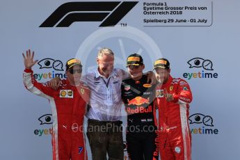 World © Octane Photographic Ltd. Formula 1 – Austrian GP - Race Podium. Aston Martin Red Bull Racing TAG Heuer RB14 – Max Verstappen followed by Scuderia Ferrari SF71-H – Sebastian Vettel and Kimi Raikkonen. Red Bull Ring, Spielberg, Austria. Sunday 1st July 2018.