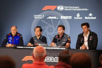 World © Octane Photographic Ltd. Formula 1 - Austrian GP - Friday FIA Team Press Conference. Christian Horner - Team Principal of Red Bull Racing, Toto Wolff - Executive Director & Head of Mercedes-Benz Motorsport, Toyoharu Tanabe – Honda Performance Development (HPD) Senior Manager and Franz Tost – Team Principal of Scuderia Toro Rosso. Red Bull Ring, Spielberg, Austria. Friday 29th June 2018.
