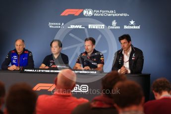 World © Octane Photographic Ltd. Formula 1 - Austrian GP - Friday FIA Team Press Conference. Christian Horner - Team Principal of Red Bull Racing, Toto Wolff - Executive Director & Head of Mercedes-Benz Motorsport, Toyoharu Tanabe – Honda Performance Development (HPD) Senior Manager and Franz Tost – Team Principal of Scuderia Toro Rosso. Red Bull Ring, Spielberg, Austria. Friday 29th June 2018.