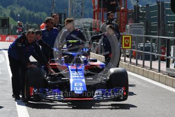 World © Octane Photographic Ltd. Formula 1 – Belgian GP - Practice 3. Scuderia Toro Rosso STR13 – Pierre Gasly car being pushed by his mechanics. Spa-Francorchamps, Belgium. Saturday 25th August 2018.