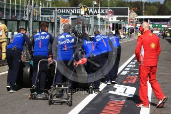 World © Octane Photographic Ltd. Formula 1 – Belgian GP - Practice 3. Scuderia Toro Rosso STR13 – Pierre Gasly car being pushed by his mechanics as Jock Clear – Chief Engineer - Scuderia Ferrari watches. Spa-Francorchamps, Belgium. Saturday 25th August 2018.