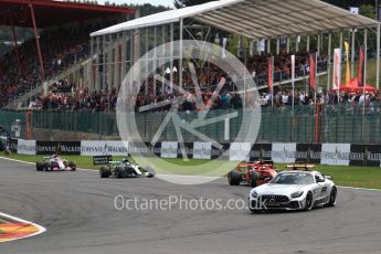 World © Octane Photographic Ltd. Formula 1 – Belgian GP - Race. Scuderia Ferrari SF71-H – Sebastian Vettel leads behind the safety car. Spa-Francorchamps, Belgium. Sunday 26th August 2018.