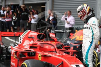 World © Octane Photographic Ltd. Formula 1 – Belgian GP - Race Podium. Mercedes AMG Petronas Motorsport AMG F1 W09 EQ Power+ - Lewis Hamilton looks the car of Scuderia Ferrari SF71-H – Sebastian Vettel. Spa-Francorchamps, Belgium. Sunday 26th August 2018.