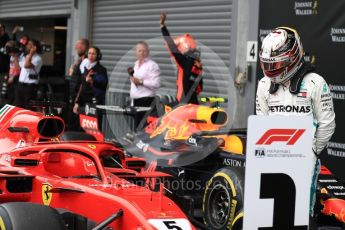 World © Octane Photographic Ltd. Formula 1 – Belgian GP - Race Podium. Mercedes AMG Petronas Motorsport AMG F1 W09 EQ Power+ - Lewis Hamilton looks the car of Scuderia Ferrari SF71-H – Sebastian Vettel. Spa-Francorchamps, Belgium. Sunday 26th August 2018.