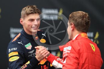 World © Octane Photographic Ltd. Formula 1 – Belgian GP - Race Podium. Scuderia Ferrari SF71-H – Sebastian Vettel and Aston Martin Red Bull Racing TAG Heuer RB14 – Max Verstappen. Spa-Francorchamps, Belgium. Sunday 26th August 2018.