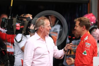 World © Octane Photographic Ltd. Formula 1 – Belgian GP - Race Podium. Scuderia Ferrari SF71-H – Sebastian Vettel talks with Martin Brundle. Spa-Francorchamps, Belgium. Sunday 26th August 2018.
