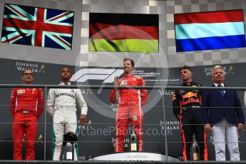 World © Octane Photographic Ltd. Formula 1 – Belgian GP - Race Podium. Scuderia Ferrari SF71-H – Sebastian Vettel, Mercedes AMG Petronas Motorsport AMG F1 W09 EQ Power+ - Lewis Hamilton and Aston Martin Red Bull Racing TAG Heuer RB14 – Max Verstappen. Spa-Francorchamps, Belgium. Sunday 26th August 2018.