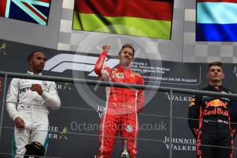 World © Octane Photographic Ltd. Formula 1 – Belgian GP - Race Podium. Scuderia Ferrari SF71-H – Sebastian Vettel, Mercedes AMG Petronas Motorsport AMG F1 W09 EQ Power+ - Lewis Hamilton and Aston Martin Red Bull Racing TAG Heuer RB14 – Max Verstappen. Spa-Francorchamps, Belgium. Sunday 26th August 2018.