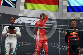 World © Octane Photographic Ltd. Formula 1 – Belgian GP - Race Podium. Scuderia Ferrari SF71-H – Sebastian Vettel, Mercedes AMG Petronas Motorsport AMG F1 W09 EQ Power+ - Lewis Hamilton and Aston Martin Red Bull Racing TAG Heuer RB14 – Max Verstappen. Spa-Francorchamps, Belgium. Sunday 26th August 2018.