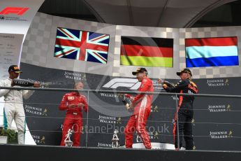 World © Octane Photographic Ltd. Formula 1 – Belgian GP - Race Podium. Scuderia Ferrari SF71-H – Sebastian Vettel, Mercedes AMG Petronas Motorsport AMG F1 W09 EQ Power+ - Lewis Hamilton and Aston Martin Red Bull Racing TAG Heuer RB14 – Max Verstappen. Spa-Francorchamps, Belgium. Sunday 26th August 2018.