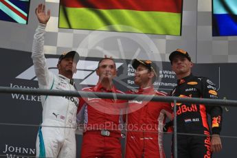 World © Octane Photographic Ltd. Formula 1 – Belgian GP - Race Podium. Scuderia Ferrari SF71-H – Sebastian Vettel, Mercedes AMG Petronas Motorsport AMG F1 W09 EQ Power+ - Lewis Hamilton and Aston Martin Red Bull Racing TAG Heuer RB14 – Max Verstappen. Spa-Francorchamps, Belgium. Sunday 26th August 2018.