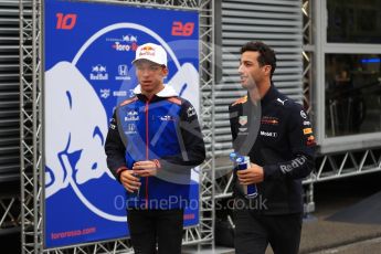 World © Octane Photographic Ltd. Formula 1 – Belgian GP - Paddock. Scuderia Toro Rosso STR13 – Pierre Gasly and Aston Martin Red Bull Racing TAG Heuer RB14 – Daniel Ricciardo. Spa-Francorchamps, Belgium. Friday 24th August 2018.