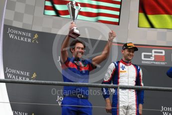 World © Octane Photographic Ltd. GP3 – Belgian GP – Race 1. Trident - Ryan Tveter, along with Trident team member who collected the trophy on behalf of the team. Spa Francorchamps, Belgium. Saturday 25th August 2018.