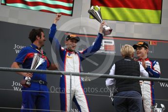 World © Octane Photographic Ltd. GP3 – Belgian GP – Race 1. Trident - Ryan Tveter, along with Trident team member who collected the trophy on behalf of the team. Spa Francorchamps, Belgium. Saturday 25th August 2018.