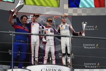 World © Octane Photographic Ltd. GP3 – Belgian GP – Race 1. Trident - Ryan Tveter, along with Trident team member who collected the trophy on behalf of the team. Spa Francorchamps, Belgium. Saturday 25th August 2018.