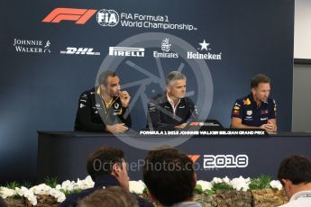 World © Octane Photographic Ltd. Formula 1 - Belgian GP - Friday FIA Team. Cyril Abiteboul - Managing Director of Renault Sport Racing Formula 1 Team, Gil De Ferran - Sporting Director of McLaren and Christian Horner - Team Principal of Red Bull Racing. Spa-Francorchamps, Belgium. Friday 24th August 2018.