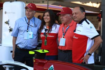 World © Octane Photographic Ltd. Formula 1 - British GP - Paddock. Ruben Juan Fangio - son of Juan Manuel Fangio, Tatiana Calderon - Development Driver Sauber F1 Team and Frederic Vasseur – Team Principal and CEO of Sauber Motorsport AG. Silverstone Circuit, Towcester, UK. Sunday 8th July 2018.