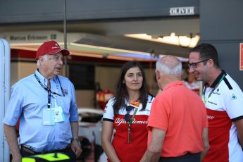 World © Octane Photographic Ltd. Formula 1 - British GP - Paddock. Ruben Juan Fangio - son of Juan Manuel Fangio, Tatiana Calderon - Development Driver Sauber F1 Team and Frederic Vasseur – Team Principal and CEO of Sauber Motorsport AG. Silverstone Circuit, Towcester, UK. Sunday 8th July 2018.